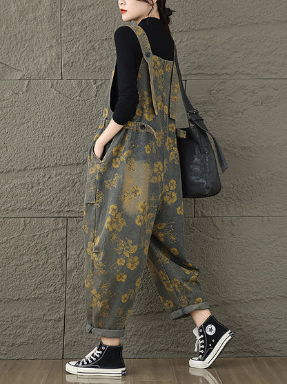 Autumn Retro Flower Zipper Denim Jumpsuits Ax1002