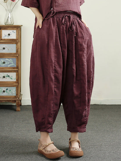 Summer Retro Spliced Harem Linen Pants Cx010