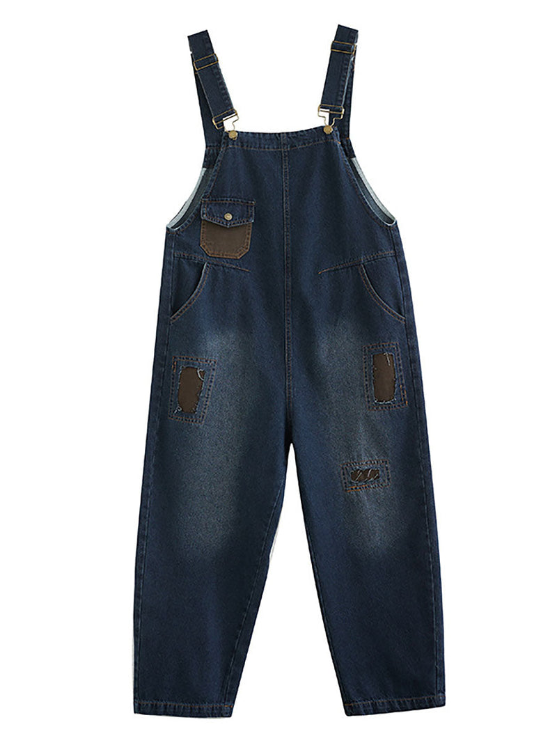 Autumn Retro Patchwork Denim Pocket Jumpsuits Ai1048