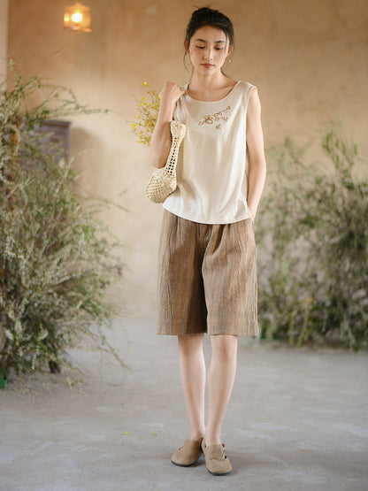Summer Retro Cotton Ramie Shorts Ii1026