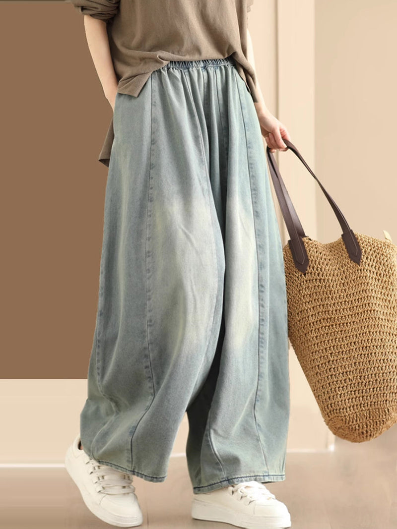 Washed Spliced Denim Wide-leg Pants Qw1007