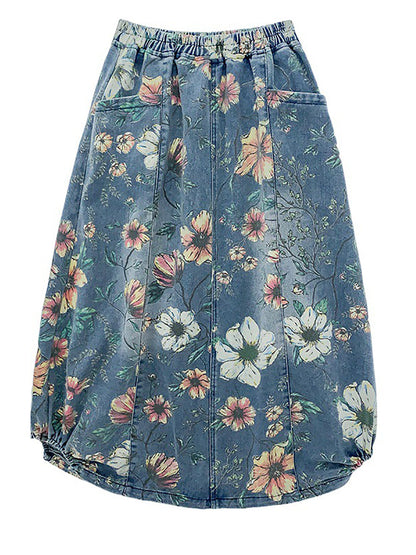 Summer Flower Spliced Denim Skirt Xx1027