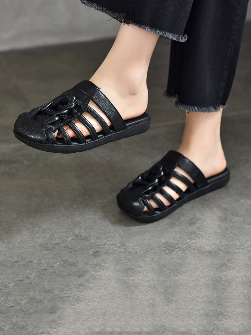 Summer Leather Spliced Flat Slippers Bn1002