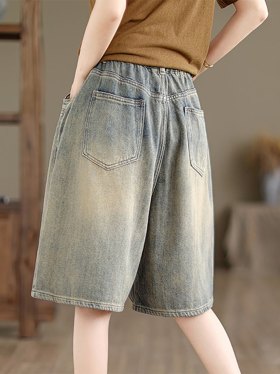 Summer Worn Denim Wide-leg Fifth Pants Cc037
