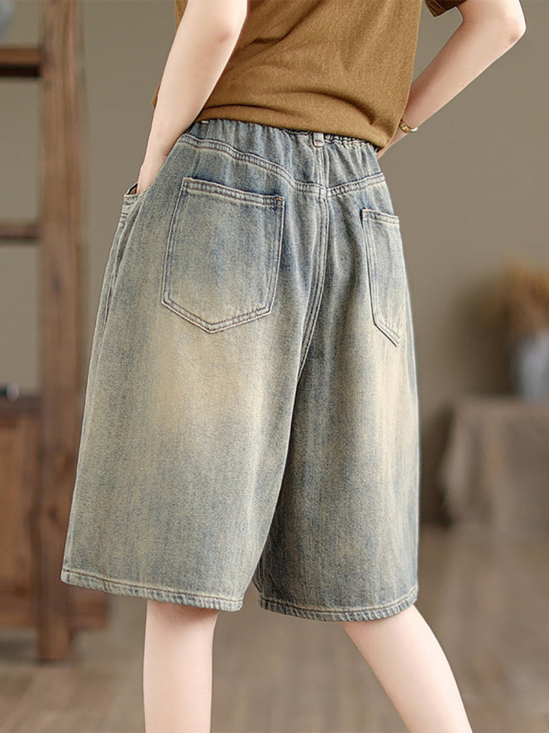 Summer Worn Denim Wide-leg Fifth Pants Cc037
