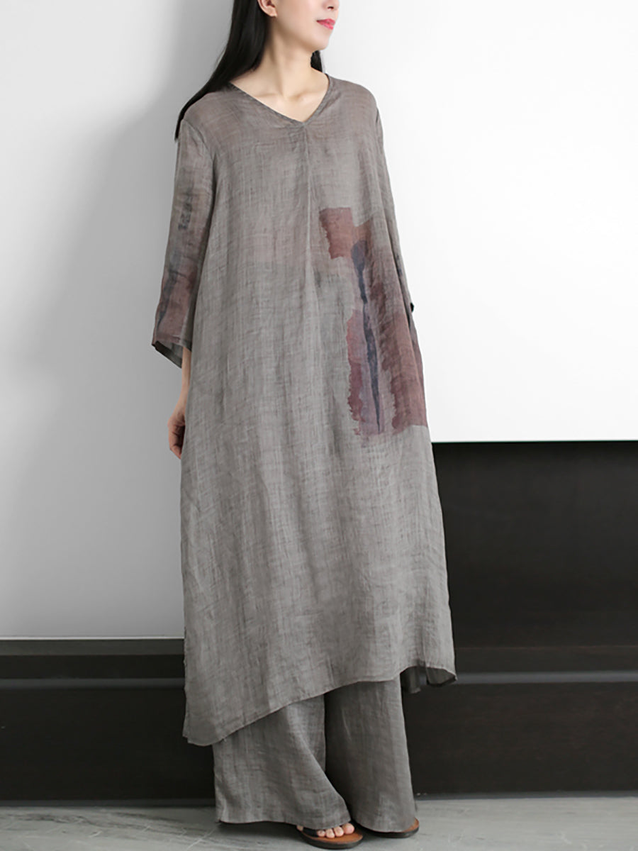 Print 100%ramie Long Shirt+pants Zz1056