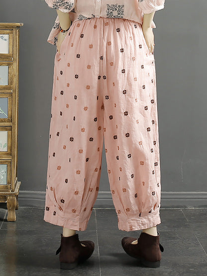 Spring Artsy Flower Embroidery Ramie Harem Pants Kl1009
