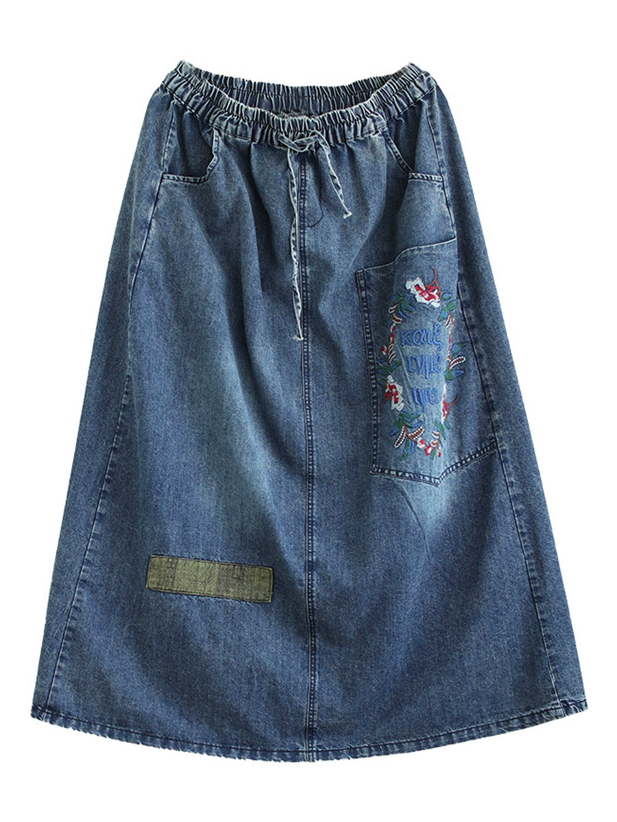 Artsy Flower Embroidery Denim Skirt Co1053