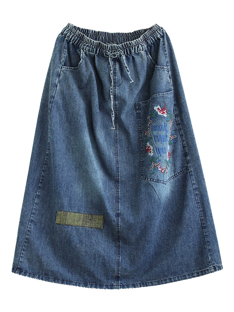 Artsy Flower Embroidery Denim Skirt Co1053