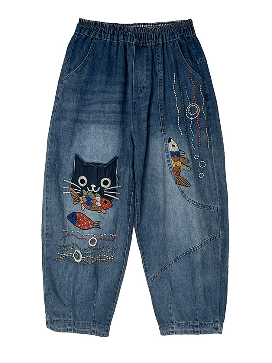 Autumn Cat Patch Spliced Denim Harem Pants Av1004