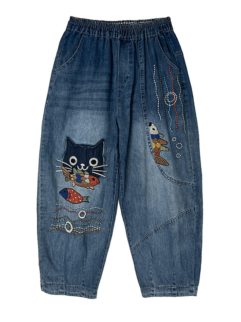 Autumn Cat Patch Spliced Denim Harem Pants Av1004