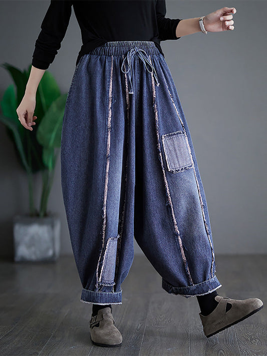 Summer Denim Patch Spliced Harem Pants Fd031