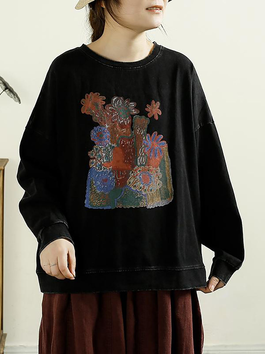 Autumn Flower O-neck Cotton Blouse At1002