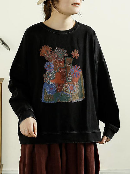 Autumn Flower O-neck Cotton Blouse At1002