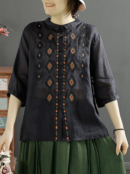 Rhomboids Embroidery Ramie Button Up Blouse Kl1031