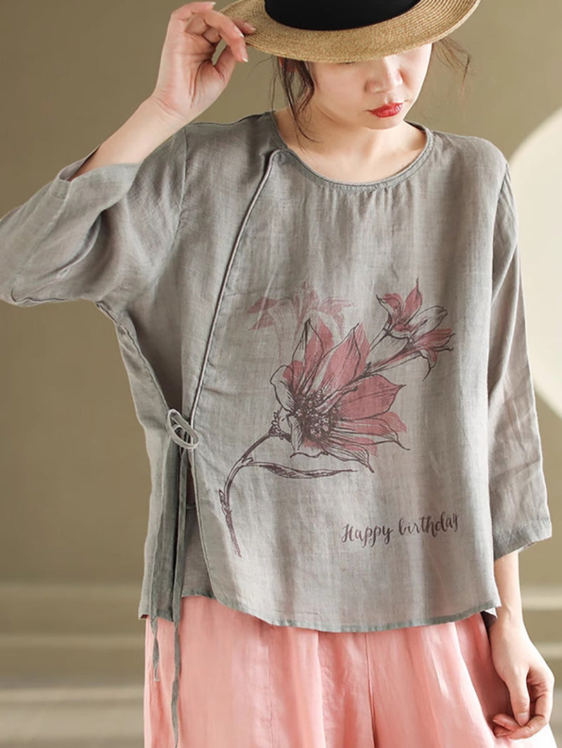 Spring Flower Strap Ramie Blouse Pa1032