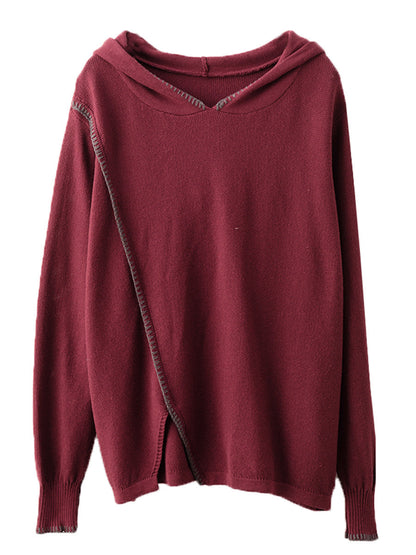 Autumn Split Hem Knit Hooded Blouse Ai1066