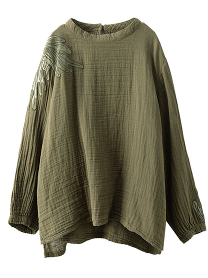 Autumn Artsy Embroidery Stand Collar Cotton Blouse Ai1076