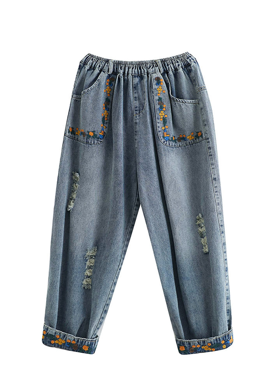 Artsy Embroidery Frayed Denim Harem Pants Fd006