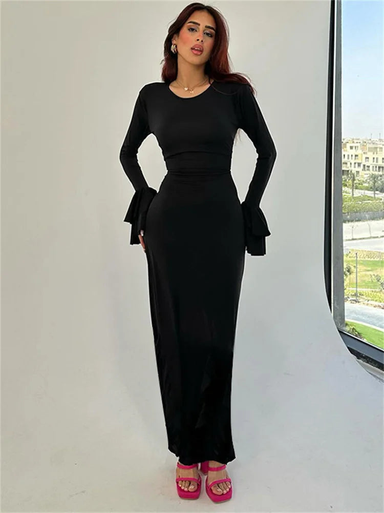 Ruffled Lace-up Long Dress Female Slim Long Sleeve High Waist Party Dress Autumn Maxi Dress