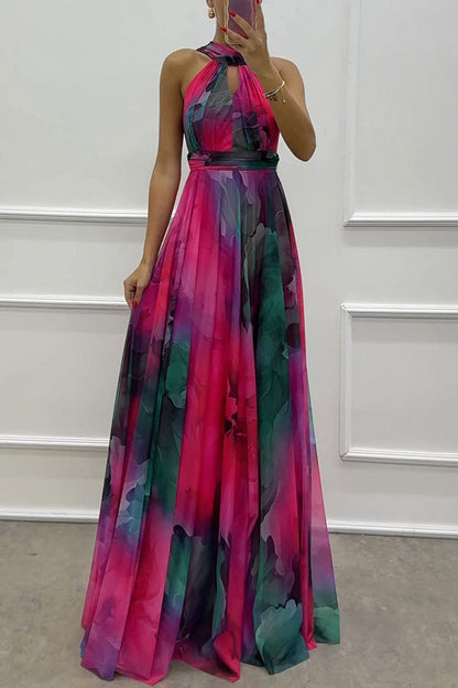 Elaine Tulle Splash Print Cutout Halter Tie-up Neck Gown Maxi Dress