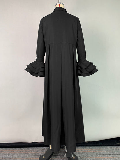 Flared Sleeves Pleated Color Split-joint Lapel Maxi Dresses Shirt Dress