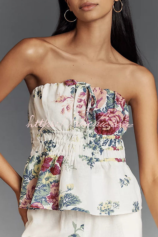 In to the Summer Linen Blend Print Elastic Bandeau and Elastic Waist Pocket Loose Pants Set