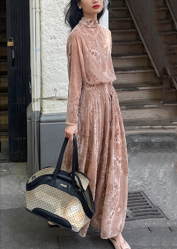 French Turtleneck Print Flattering Silk Velvet Long Dresses Fall Wd033