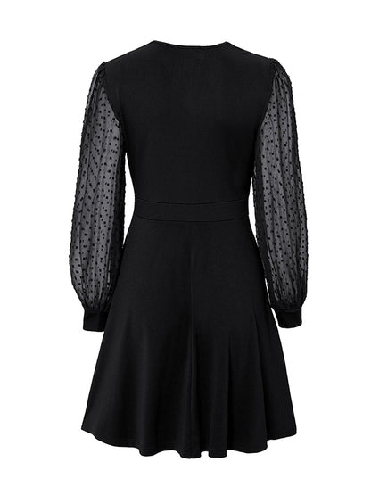 A-line Long Sleeves Gauze Pleated Split-joint V-neck Midi Dresses
