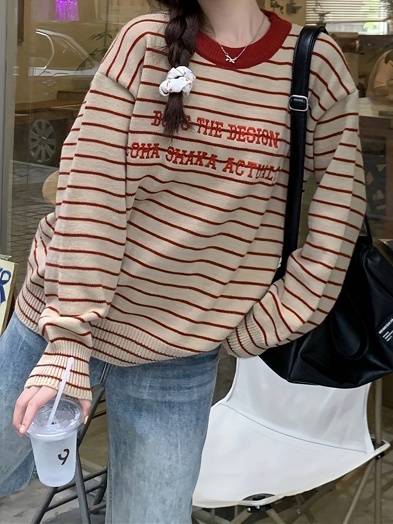 Letter Pattern Striped Pullover Sweater Kr9143