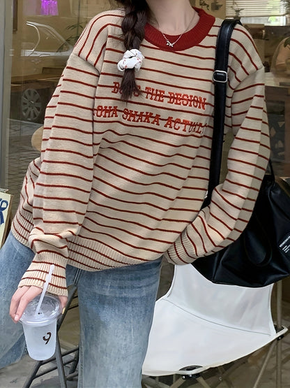 Letter Pattern Striped Pullover Sweater Kr9143