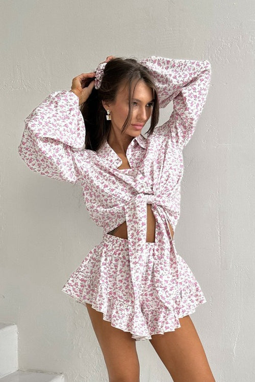 Long Sleeve Lapel Ruffle Shorts Two Piece Set