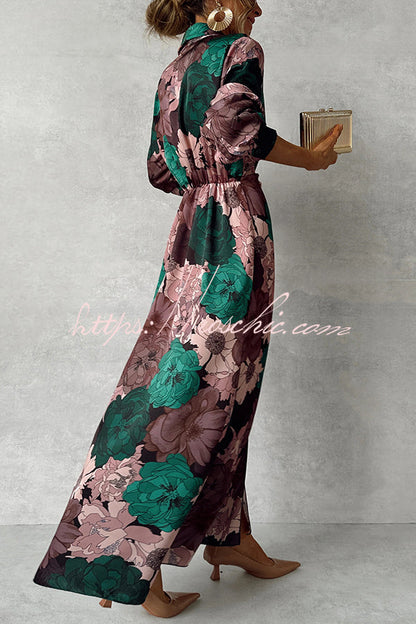 Print Lapel Waisted Lace-up Long-sleeve Maxi Dress