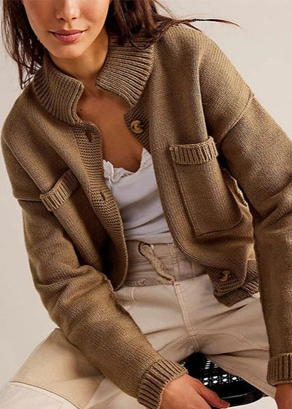Knitted Button-down Cardigan With Stand Collar