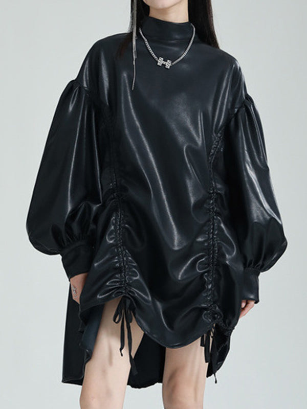 High-low Long Sleeves Drawstring Pleated Color Stand Collar Mini Dresses
