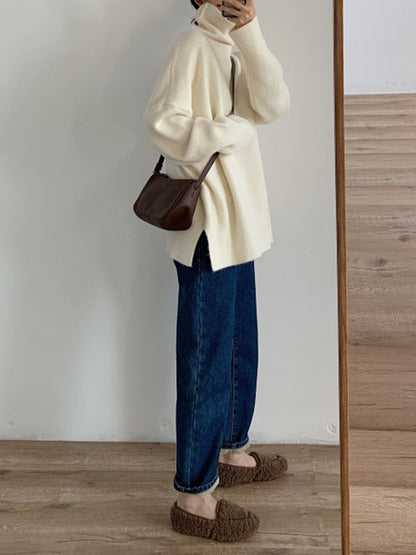 Red High Neck Split Hem Long Sleeve Sweater An1056