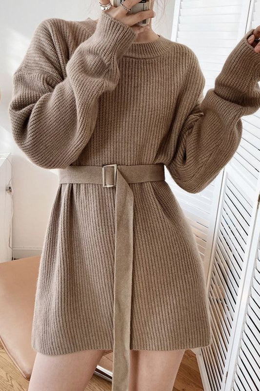 French Style Tie-waist Knit Mini Dress