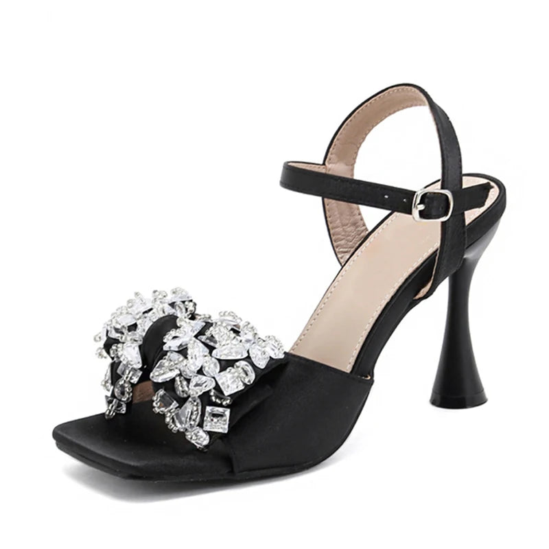 Liyke White Sandals: 9cm Gladiator High Heels With Crystal Bowknot for – Square Toe Party Dress Shoes