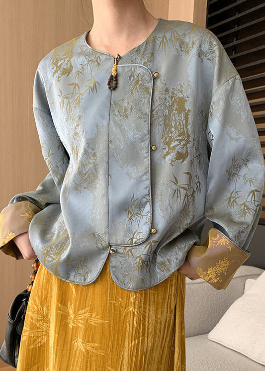 Loose Blue Button Print Silk Coats Long Sleeve Af1087