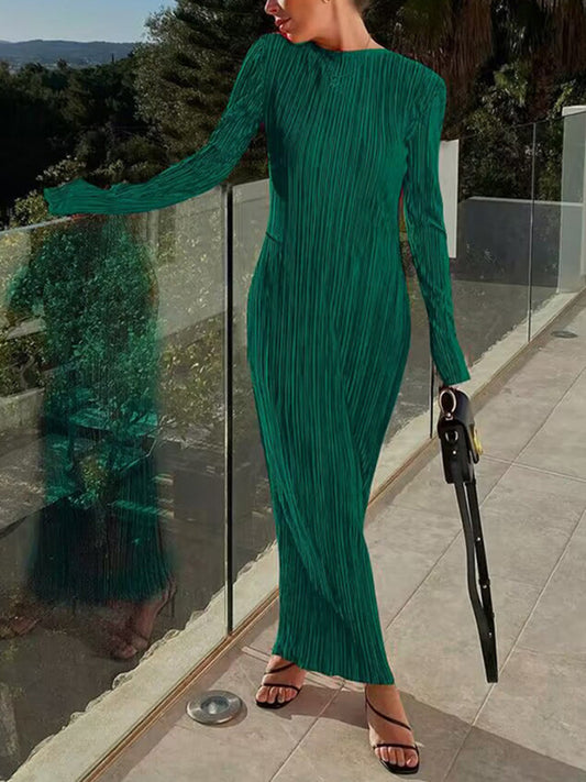 Long Sleeves Skinny Pleated Color Split-joint Round-neck Maxi Dresses