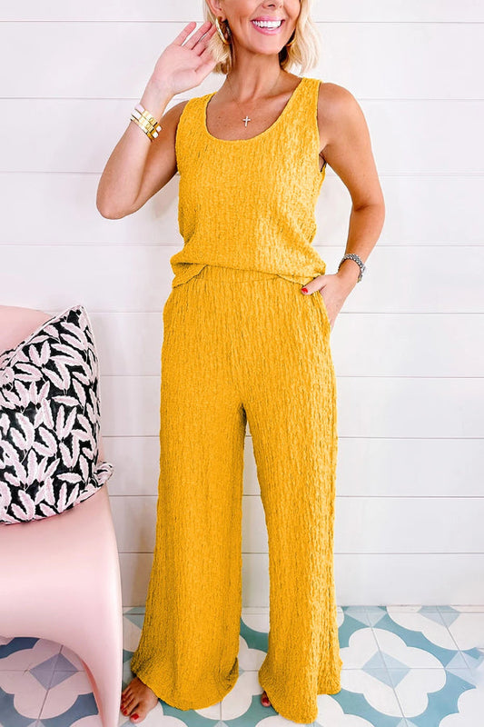 Yellow Crinkled U Neck Tank and Wide Leg Pants Set