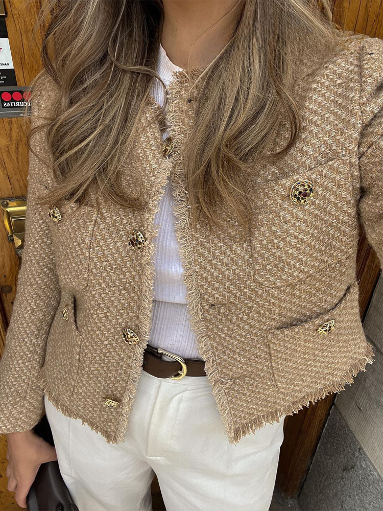 Autumn Long Camel Short Tweed Frayed Cropped Coat