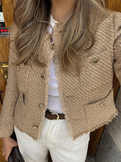 Autumn Long Camel Short Tweed Frayed Cropped Coat
