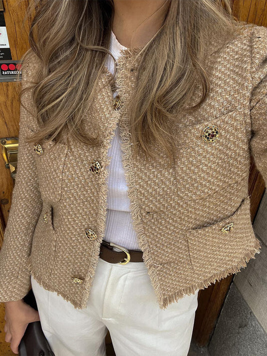 Autumn Long Camel Short Tweed Frayed Cropped Coat