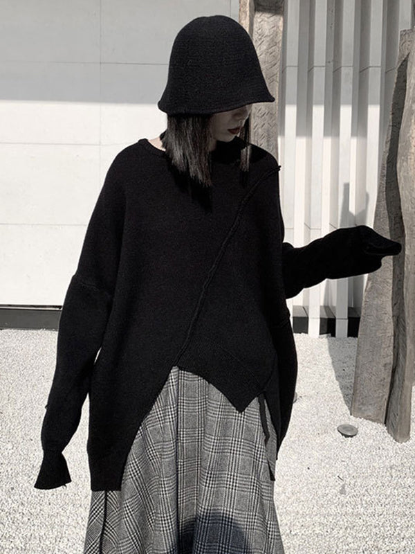 Original Loose Black Round-neck Batwing Sleeve Irregular Hem Knit Sweater An1037
