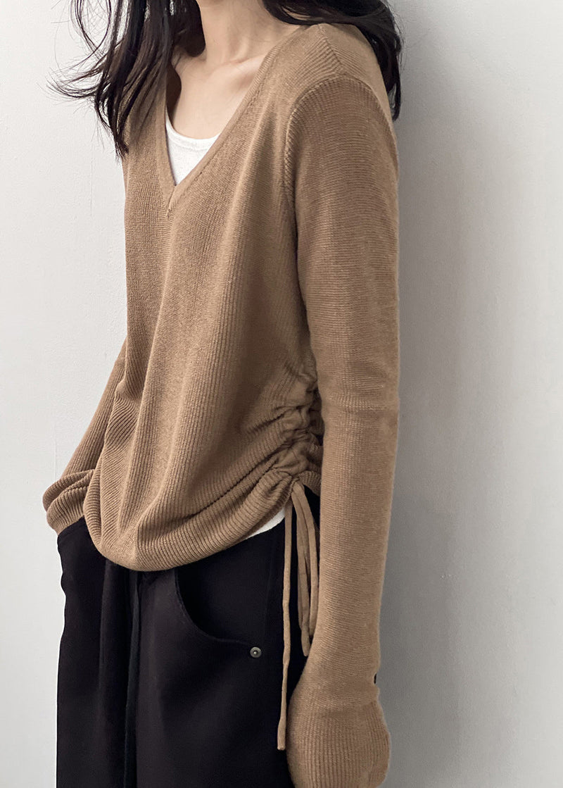 Coffee Cinched Knit Blouses V Neck Long Sleeve Af1092