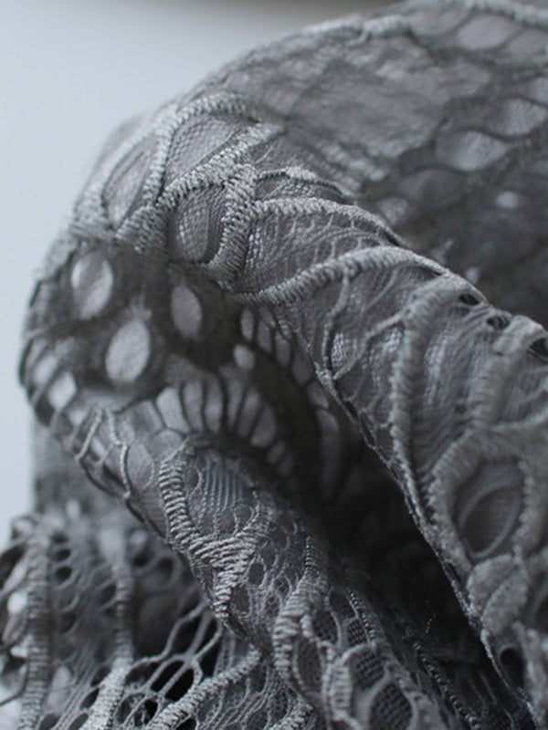 Tempermant Black Round-neck Patchwork Hollow Lace Long Puff Sleeves Sweater Qx011