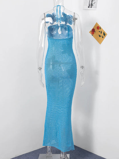 Knitted 3d Flower Halter Long Dress Crochet Hollow Out Sleeveless Blue Maxi Dresses New Lady Beach Vacation Robe