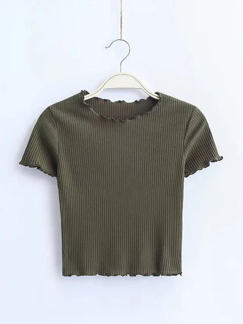 Wood Ears O Neck Short Sleeve T-shirt New Woman Slim Fit T Shirt Tight Tee Summer Retro Tops 6 Colors