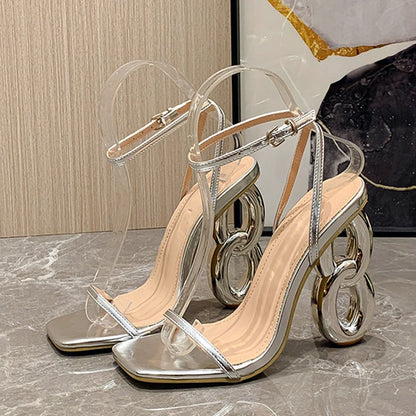 Liyke Metal Hollow Out Strange Heels Gladiator Sandals Golden Silver Square Toe Wedding Party Prom Shoes